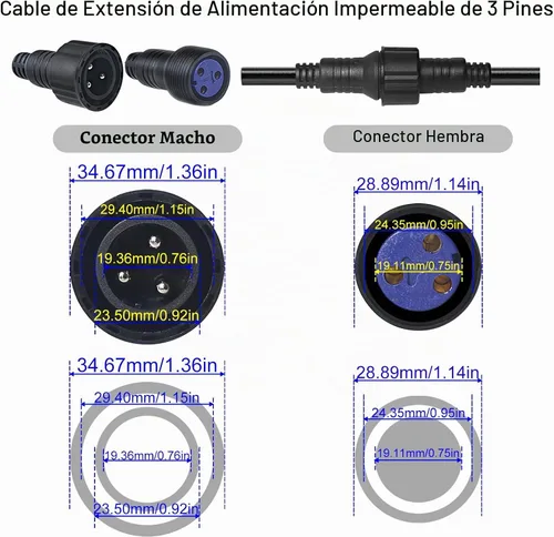 Vista 3 de Cable de alimentación impermeable, 3 pines 13AWG 2.5mm2, conector impermeable, cable de extensión de alimentación, 3.3 ft 3.2 pies IP65 par luz al