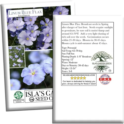Vista 5 de Semillas de flores de lino azul (Linum perenne) – Más de 250 semillas de reliquia sin OMG de Isla's Garden Seeds, delicadas flores azul cielo
