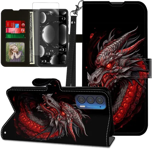 Vista 337 de Funda para Motorola Edge 2022 con protector de pantalla, soporte y tarjetero y correa para la muñeca, funda magnética para Moto Edge 2022 5G UW Lobo