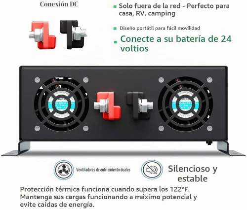 Vista 2 de WZRELB Inversor de corriente de onda sinusoidal pura de 2500W 24VDC 120VCA, RV, inversor de coche, pantalla LED