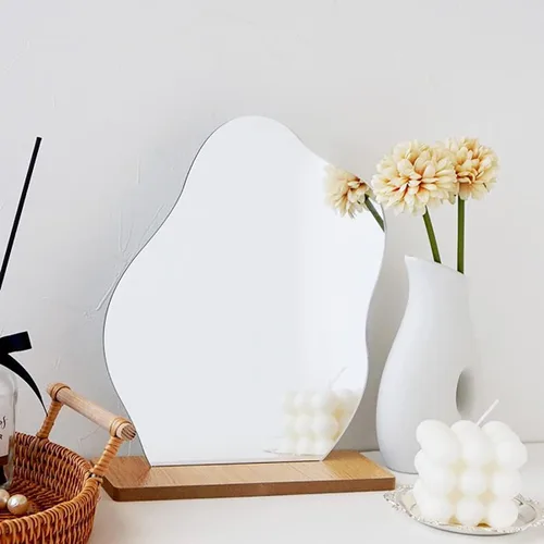 Vista 6 de Espejo de tocador estético irregular, espejo de mesa decorativo de acrílico sin marco con soporte de madera, espejo de maquillaje funky para sala