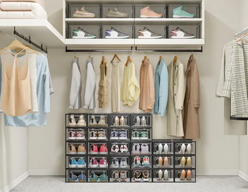 Vista 2 de SIMPDIY Almacenamiento de zapatos, paquete de 12 organizadores de zapatos para armario, cajas de zapatos apilables de plástico transparente con Negro