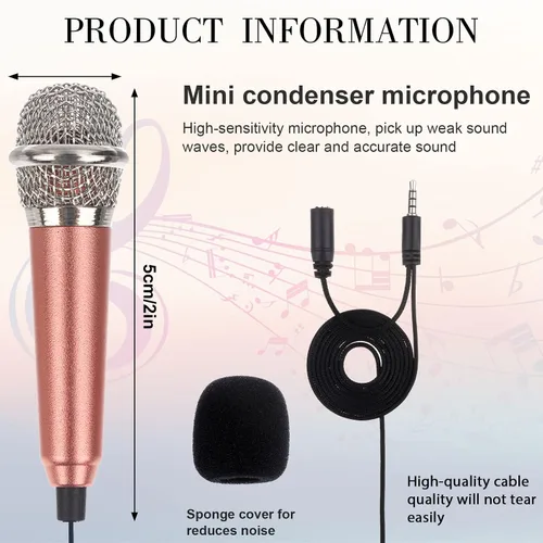Vista 2 de Mini micrófono pequeño de 4 piezas para grabar voz y canto en iPhone, teléfonos Android o tableta, metal, con cable de 44.5 in, entrada de 0.138 in