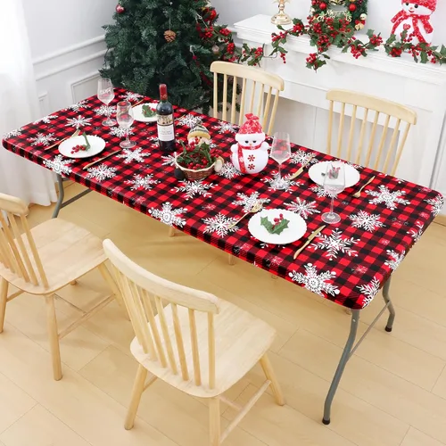 Vista 8 de Smiry Mantel de Navidad de plástico, a cuadros, impermeable, elástico, ajustable, mantel de vinilo con parte trasera de franela lavable para cena