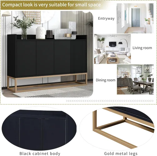 Vista 18 de Aparador moderno de gran espacio de almacenamiento con puerta de ratán artificial, mesa de consola con 4 puertas y estante ajustable, mesa de Blanco