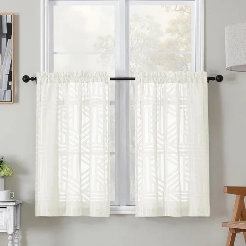 Vista 10 de Simplebrand Cortinas traslúcidas negras de cocina de 24 pulgadas de largo, 2 paneles, filtrado de luz, geométrico jacquard con textura, cortinas
