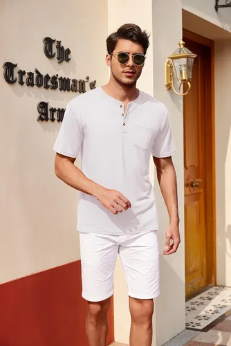 Vista 4 de COOFANDY Paquete de 3 camisetas Henley de manga corta para hombre, estilo casual, básicas, de verano, con bolsillo