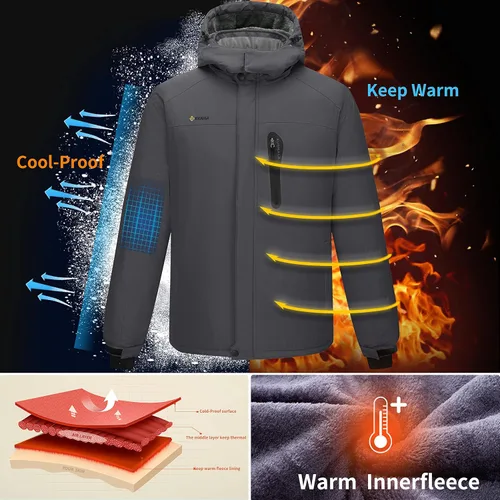 Vista 3 de Chaqueta de esquí para hombre, impermeable, con forro polar cálido, forro de nieve, para montaña, con capucha, resistente al viento, chubasquero