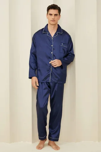 Vista 4 de FENTENG Men's Satin Pajamas Set Long Sleeve Silky Sleepwear Sets Button Down Shirt Top with Long Pants Soft 2 Pcs Lounge Set