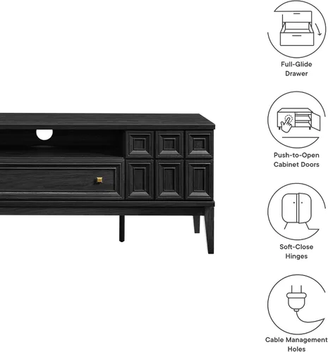 Vista 4 de Modway Samos - Soporte retro para TV de 59 pulgadas con patrón geométrico en negro, mueble consola de TV vintage con almacenamiento y organización