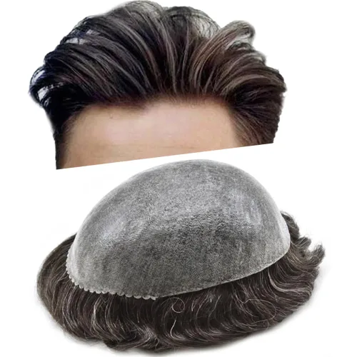 Vista 77 de Toupee para hombres Sistema de reemplazo de cabello humano real para hombres Completo PU Mens Hairpiece de aspecto natural para hombre piezas