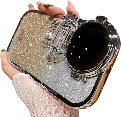 Vista 11 de Funda de teléfono con soporte oculto de astronauta para iPhone 11, bonito protector de cámara de lente de astronauta, soporte con purpurina