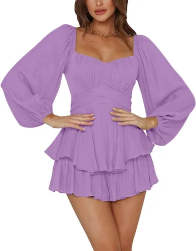 Vista 6 de LYANER Mono de Mujer de Manga Farol Larga con Volantes en Capas y Lazo Mini Corto Romper