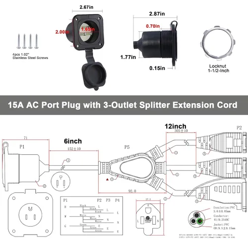 Vista 5 de Enchufe de Puerto de CA de 15A - Toma de Entrada de Alimentación de 125V con Cable de Extensión Triple de 18 Pulgadas, Enchufe NEMA 5-15 con Brida