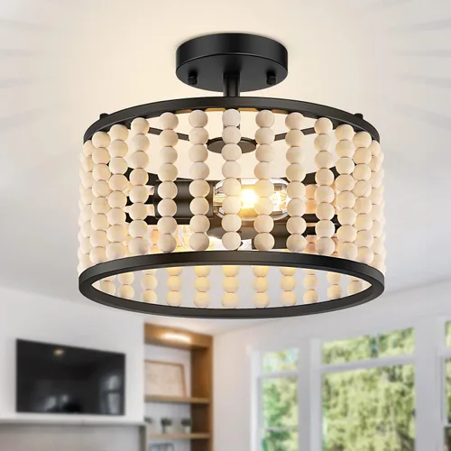 Vista 9 de Lámpara bohemia de granja - Lámpara de techo con cuentas de madera, lámpara de techo rústica semiempotrada, lámpara negra de 2 luces para cuarto
