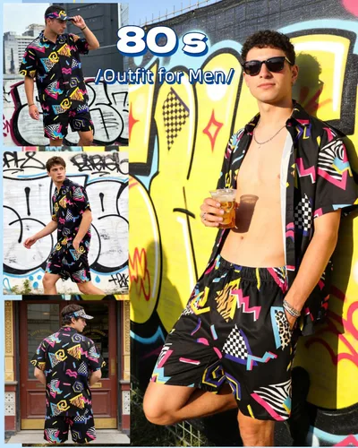 Vista 3 de kasahara Traje de los años 80 y 90 para hombre, camisa hawaiana retro y conjunto corto para hombre, ropa de los años 80, disfraz de los años 90