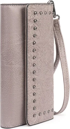 Vista 23 de FALAN MULE Cartera de cuero para mujer, de gran capacidad, bifold, con bloqueo RFID, tarjetero con bolsillo para monedas con cremallera Aa-negro.