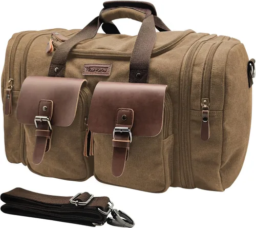 Vista 10 de Wildroad Bolsa de viaje de lona de 50L, bolsa de lona expandible de cuero genuino, bolsa de fin de semana mejorada para una noche, bolsa de mano