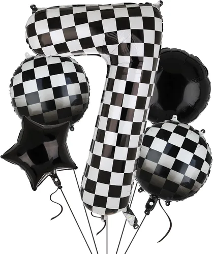 Vista 10 de Globo de números a cuadros de 40 pulgadas 0 globos de cumpleaños de coche de carreras en blanco y negro, globos de cumpleaños para bebé, hippie