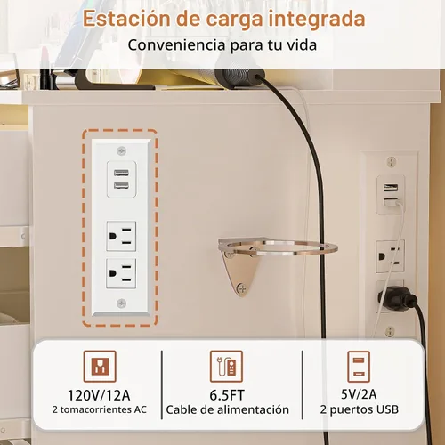 Vista 6 de LAKEMID Escritorio de tocador con espejo y luces LED, mesa de maquillaje con parte superior de cristal con 9 cajones y toma de corriente, 3 modos