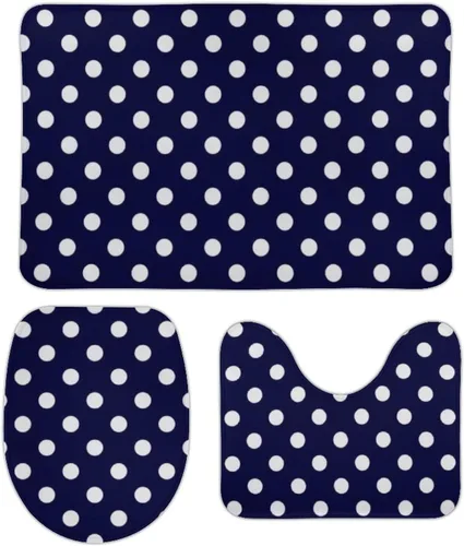 Vista 31 de Juego de 3 alfombras de baño con diseño de lunares, color azul aguamarina, antideslizante, con contorno en forma de U y tapa de inodoro