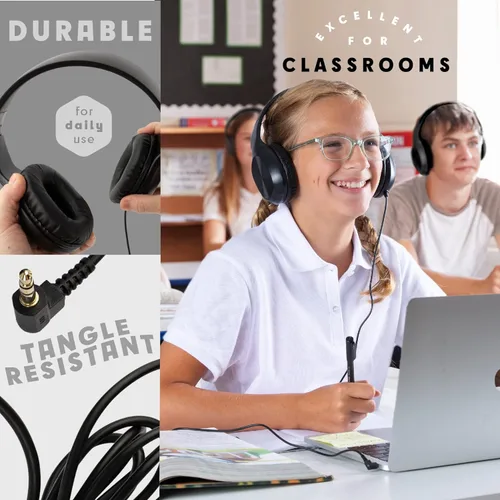 Vista 5 de Sonitum Auriculares para niños a granel para la escuela con micrófonos, paquete de 5 auriculares con cable de 0.138 in para escuelas - Cómodos Negro