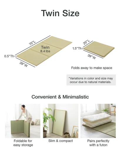 Vista 2 de FULI Colchón de tatami japonés, tapete Igusa (hierba 100% japonesa Rush) se pliega en tres, fabricado en Japón (natural, individual)