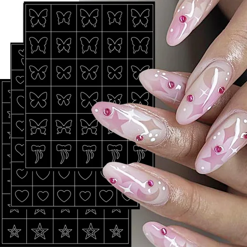 Vista 3 de 6 hojas de calcomanías para arte de uñas, diseño francés, diseño francés, guías de uñas huecas, suministros para mujeres, decoración de manicura