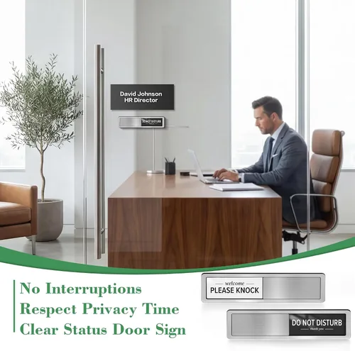 Vista 6 de Letrero magnético para puerta con texto en inglés «Do Not Disturb», «Please Knock» para puertas, reunión en progreso, trabajo desde casa, en una