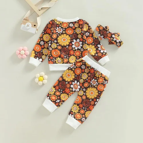 Vista 4 de Conjunto de sudadera de manga larga con cuello redondo y estampado floral para bebé niña