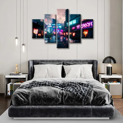 Vista 100 de Cuadros de 5 paneles de Cyberpunk City, arte de pared, representación de vallas publicitarias, edificios modernos en la capital con obras de arte