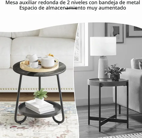 Vista 6 de Mesa de centro de 2 niveles para sala de estar, mesa de centro redonda de estilo industrial con bandeja de metal, mesa de centro pequeña de madera