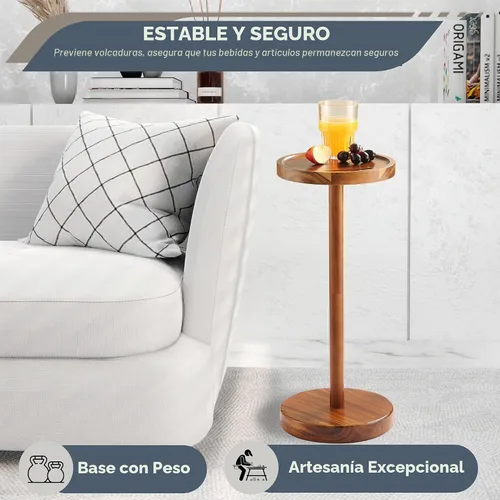 Vista 4 de Mesa auxiliar de pedestal, mesa de bebida de acacia con base pesada, mesa auxiliar redonda pequeña para espacios pequeños con soporte para teléfono