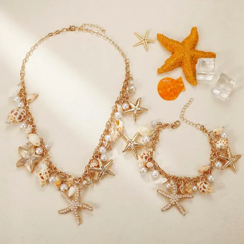 Vista 5 de Collar de estrella de mar de concha, pulsera de caracola, collar grueso de sirena, joyería de playa para mujer