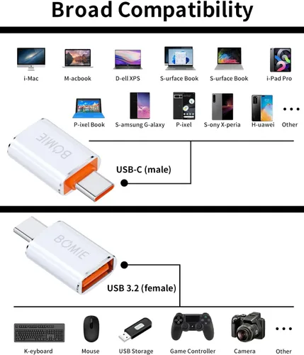 Vista 8 de BOMIE Paquete de 2 adaptadores USB C a USB, transferencia de datos de 100 W, carga rápida de 100 W, adaptador OTG tipo C macho a USB 3.2 hembra