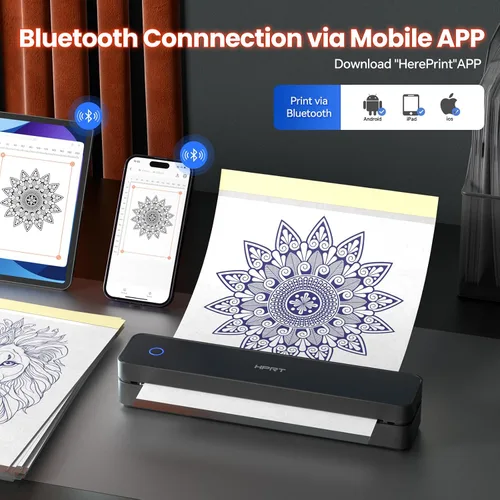 Vista 5 de HPRT Adhesivo térmico portátil Bluetooth para tatuajes, impresora inalámbrica de plantillas de tatuaje con 10 hojas de papel de impresión, tatuajes