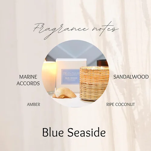 Vista 2 de Vela perfumada Field + Fleur Blue Seaside en lata blanca. Vela 100% cera de soja, 6 onzas