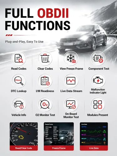 Vista 2 de Escáner OBD2 universal mejorado, lector de códigos de motor - Más de 45000 códigos de falla, datos en vivo, preparación I/M, verificación de voltaje