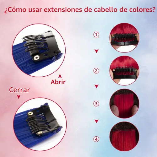 Vista 5 de 20 extensiones de cabello con clip de colores para niñas, extensiones de cabello arcoíris multicolor de 20 pulgadas, reflejos instantáneos, piezas A