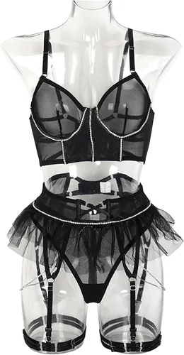 Vista 2 de Lidogirl Conjunto de lencería de malla de lujo con cadena de diamantes de imitación mini falda de encaje con ligas