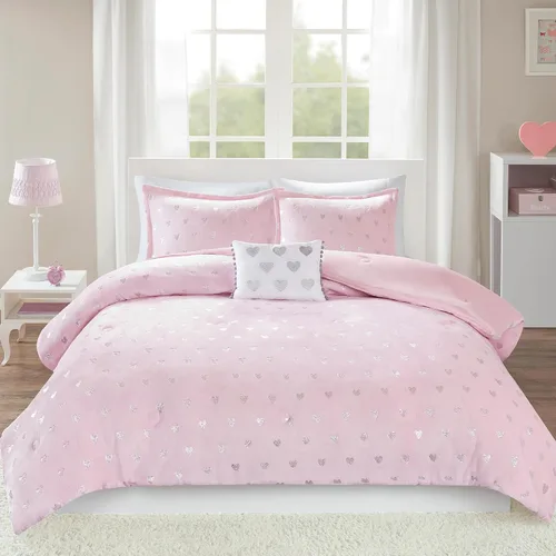 Vista 10 de Intelligent Design Rosalie - Juego de edredón tamaño individual, 3 piezas con corazones metálicos para niñas, juego de cama individual de felpa