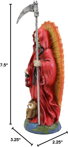 Vista 5 de Ebros Gift Túnica roja de 7.5 pulgadas de alto, diseño de hueso de la muerte de Santa Muerte, guadaña y reloj de arena de pie en el globo