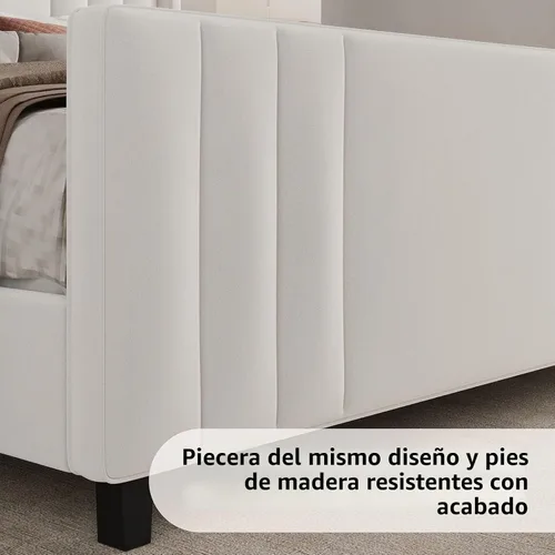 Vista 5 de Albott Base de cama de plataforma tamaño King, cama tapizada con cabecera y pie de cama con respaldo alado capitoné de canales verticales Crema