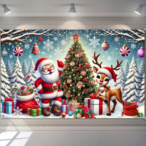 Vista 13 de BlissYard Pancarta de Fondo Navideño Escena de Chimenea con Muñeco de Nieve Reno Medias Guirnalda Árbol Regalos Decoración de Fiesta Navideña 71×43