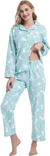Vista 14 de CHUNG Conjunto de pijama de franela para mujer, tops con botones de algodón cepillado, pantalones S-XL, ropa de dormir, ropa de descanso, acogedora