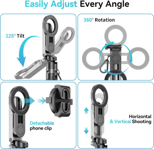Vista 6 de Magsafe - Trípode para iPhone/Android, ultra portátil, con control remoto recargable y anillo de metal, trípode desmontable extensible para teléfono