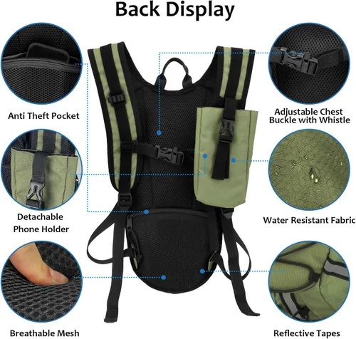Vista 4 de Mochila de Hidratación Ligera con Depósito de Agua de 2L para Correr, Ciclismo, Senderismo – Mochila de Agua Antirrobo con Soporte para Teléfono