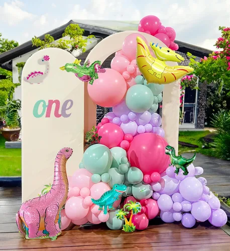 Vista 8 de Decoraciones de Fiesta de Cumpleaños de Dinosaurio kit de arco de globos verde cazador negro marrón con mini globos de papel de aluminio de dino