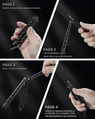 Vista 9 de Dispatch Cuchillo mariposa de entrenamiento Balisong sin afilar con hoja de acero inoxidable, mango 3Cr13 negro (con recortes) y traba