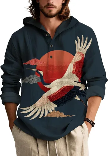 Vista 4 de Sudadera con capucha con estampado floral colorido para hombre, con botones, holgada, de manga larga, sudadera con capucha de gran tamaño para otoño